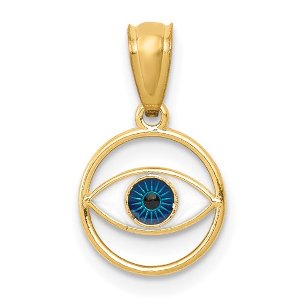 14k Yellow Gold Mini Round Evil Eye Protect Necklace Charm Pendant Blue Enamel